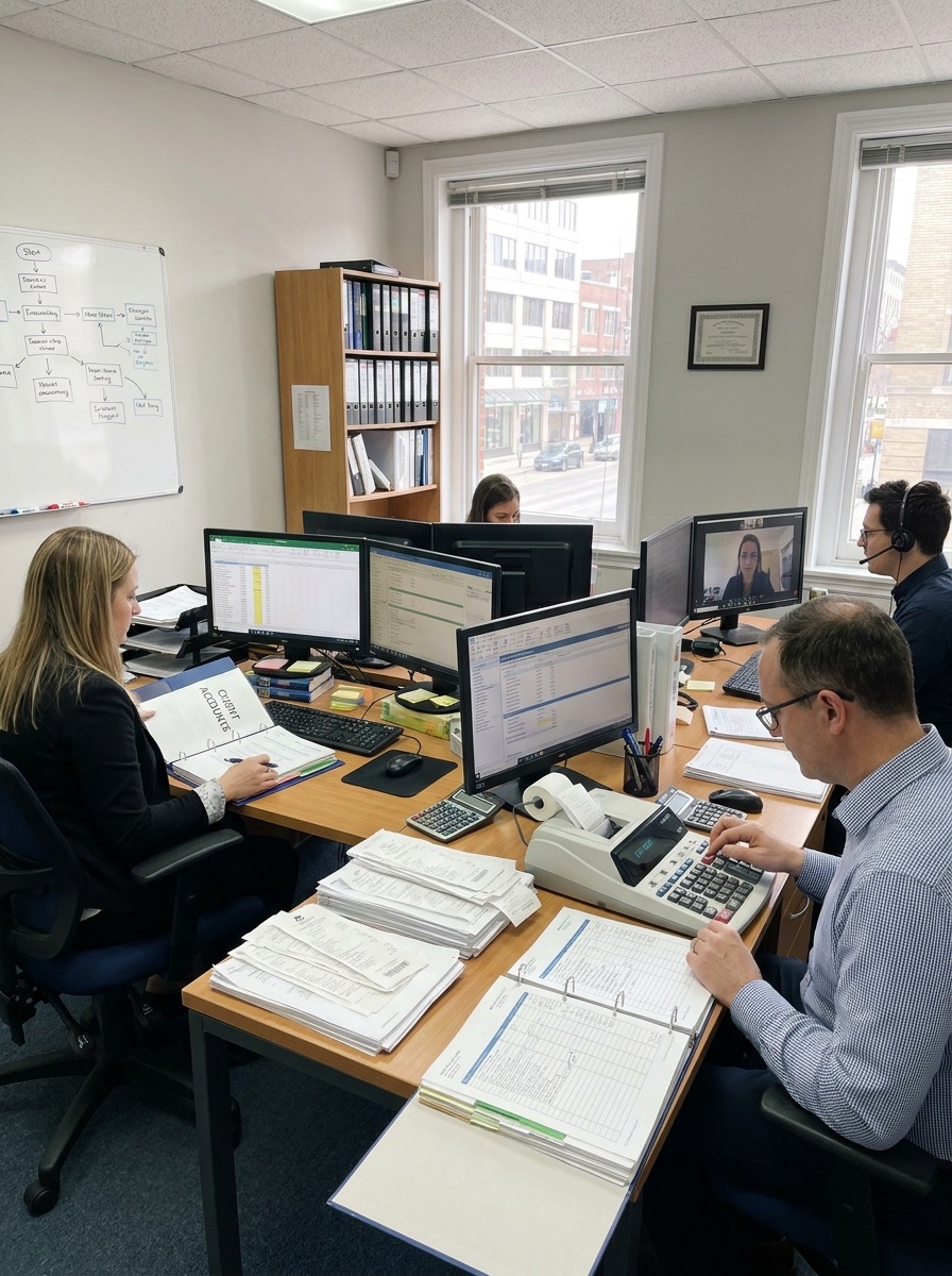 A bookkeeping team working through client accounts: ledgers, invoice stacks and an adding machine alongside accounting software on screen.
