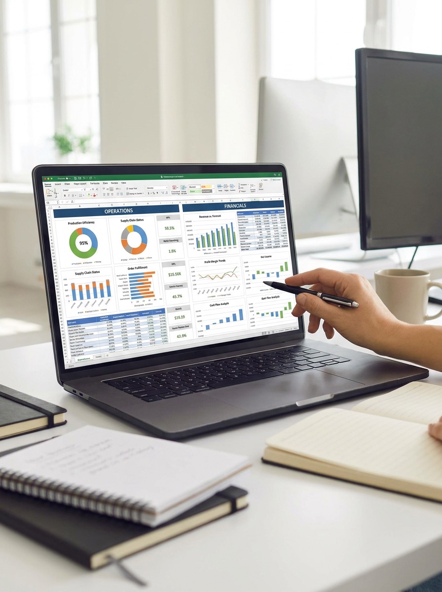 A live operations and financials dashboard open on a laptop, with someone pointing at the revenue and cash flow charts with a pen.