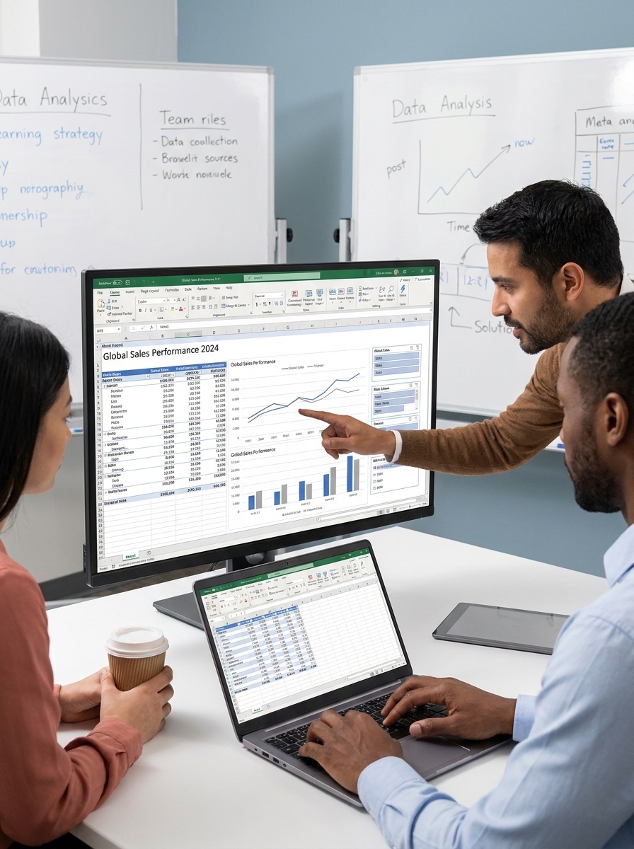 Three colleagues reviewing a sales performance spreadsheet and trend charts on a large monitor, with data analysis notes on the whiteboards behind them.