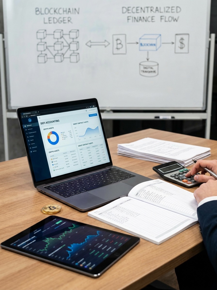 A crypto accounting dashboard open on a laptop beside a ledger and calculator, with blockchain and decentralised finance flow diagrams on the whiteboard behind.
