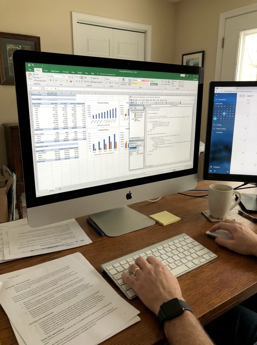 A large spreadsheet of pivot tables and charts open beside a VBA macro editor window, with hands working at the keyboard.