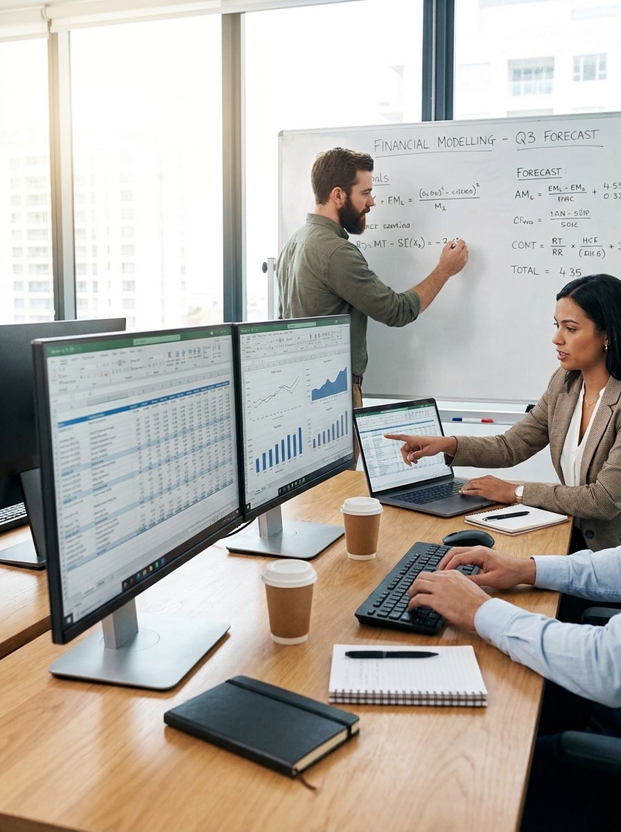 An analyst working through a Q3 forecast on a whiteboard while two colleagues build the model across dual monitors and a laptop.