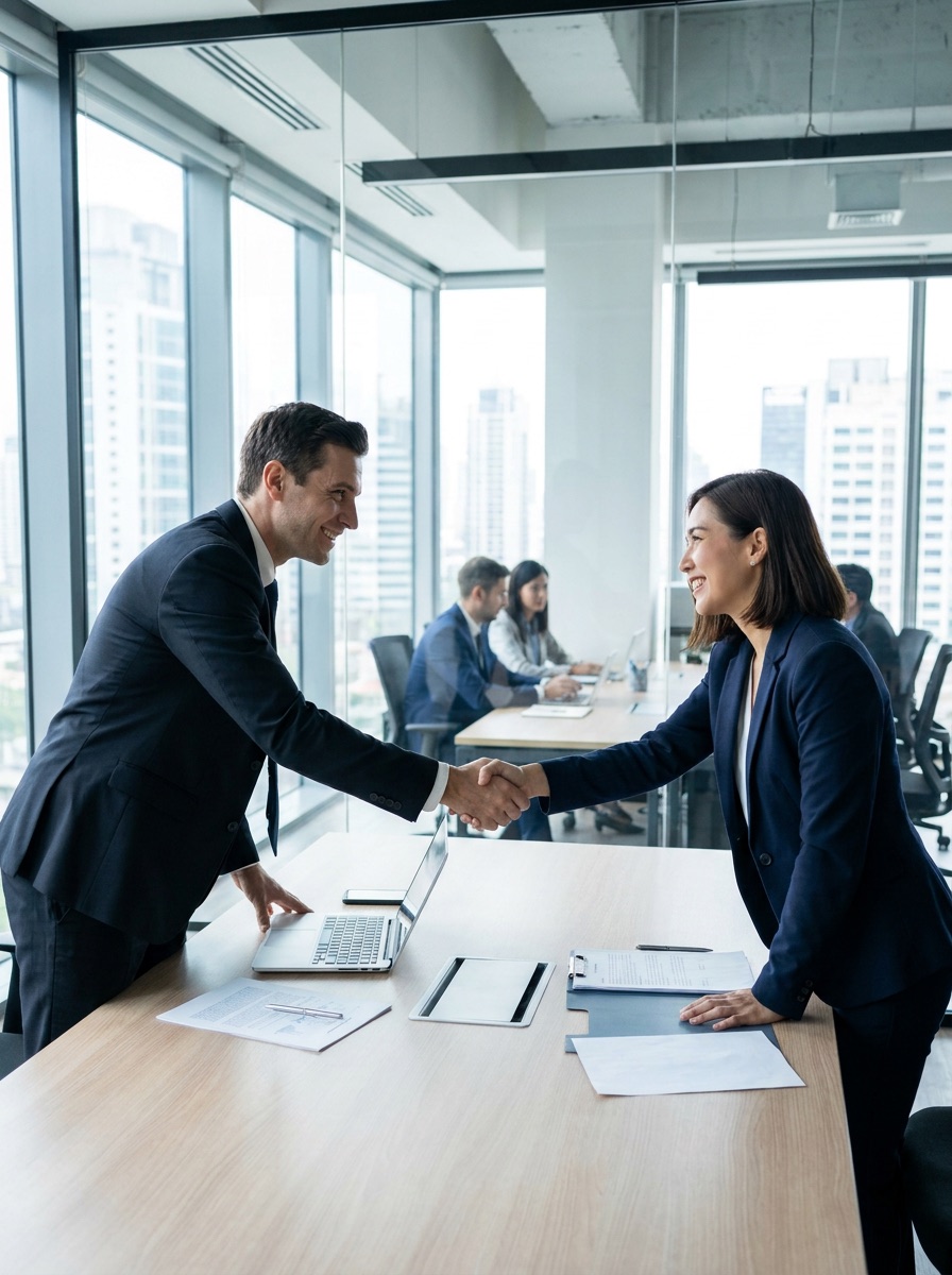 Two colleagues shaking hands across a meeting table in a glass-walled office, with a team working behind them.