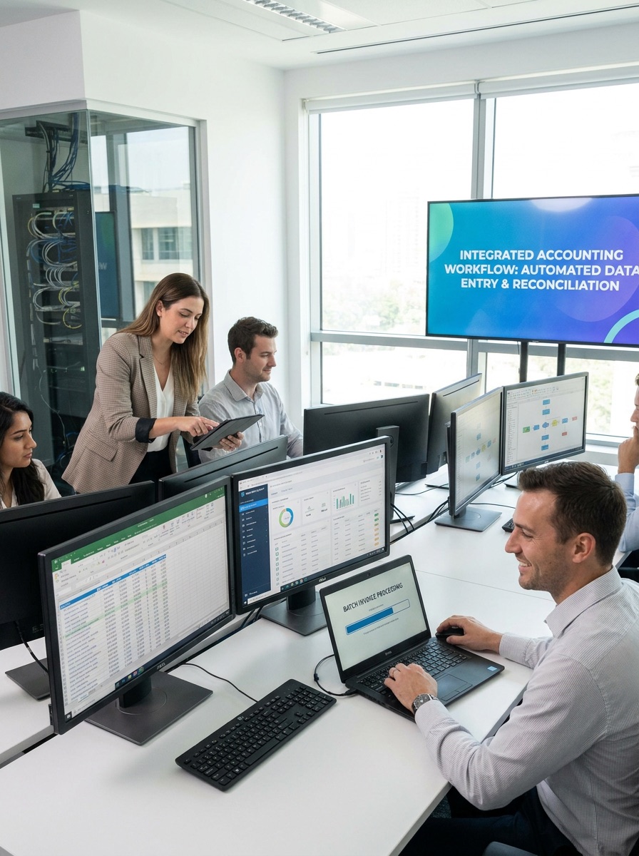A finance team at a bank of monitors running batch invoice processing, beneath a wall screen headed Integrated Accounting Workflow: Automated Data Entry and Reconciliation.