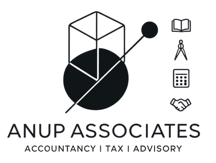Anup Associates logo: accountancy, tax and advisory, with icons for bookkeeping, planning, calculations and partnership.