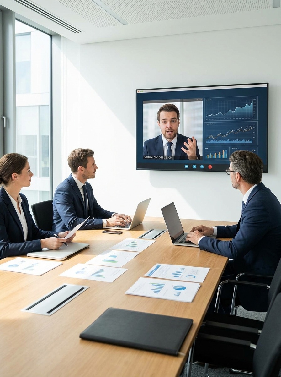 A Virtual CFO joining a client board meeting by video, presenting cash flow dashboards to executives around a boardroom table.